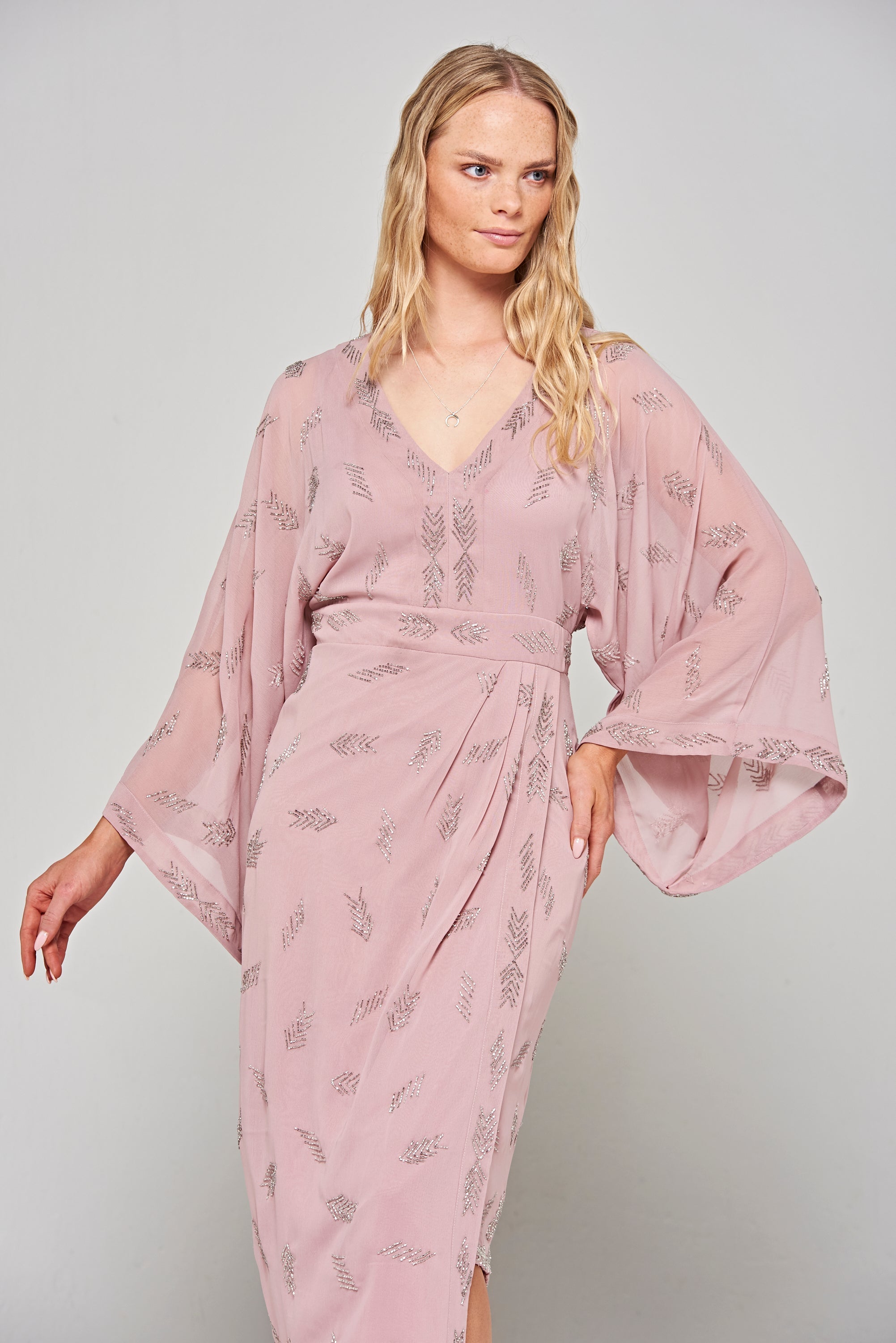 Julia Blush Embellished Midaxi Dress with Oversized Sleeves