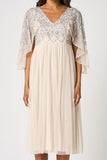 Kathryn nude sequin midi dress with embellished bodice and sleeves, V neckline and fit-and-flare silhouette designed for elegant occasion wear styling
