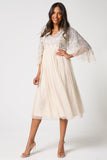 Kathryn nude sequin midi dress with embellished bodice and sleeves, V neckline and fit-and-flare silhouette designed for elegant occasion wear styling