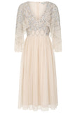 Kathryn nude sequin midi dress with embellished bodice and sleeves, V neckline and fit-and-flare silhouette designed for elegant occasion wear styling