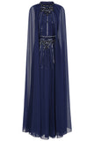 Kaya Navy Embellished Cape Sleeve Maxi Dresses