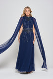 Kaya Navy Embellished Cape Sleeve Maxi Dresses