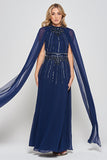 Kaya navy embellished cape sleeve maxi dress by Frock and Frill elegant formal occasionwear dress for weddings and evening events