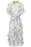 Kelda white floral midi dress with high neckline, flutter sleeves and gold embellished trim