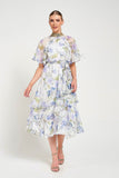 Kelda white floral midi dress with high neckline, flutter sleeves and gold embellished trim