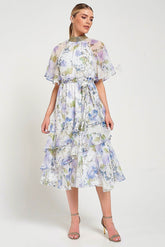 Kelda white floral midi dress with high neckline, flutter sleeves and gold embellished trim