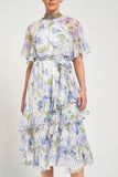 Kelda white floral midi dress with high neckline, flutter sleeves and gold embellished trim