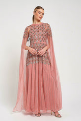 Kezia Pink Embellished Cape Sleeve Maxi Dress