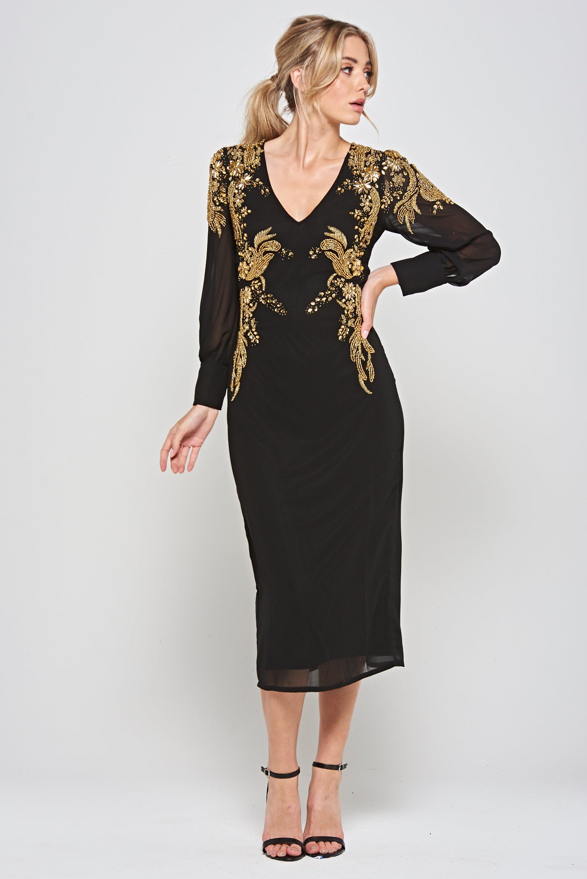 Kiah Black Embellished Midi Dress