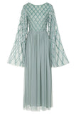 Lavina sage sequin maxi dress with criss-cross bodice detailing, flute sleeves and flowing silhouette designed for elegant occasion wear styling
