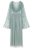 Lavina sage sequin maxi dress with criss-cross bodice detailing, flute sleeves and flowing silhouette designed for elegant occasion wear styling