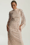 Leah blush sequin midi dress with high neckline, three-quarter sleeves and all-over sparkle designed for elegant evening and occasion wear styling