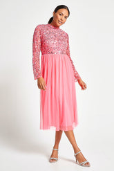 Lela strawberry embellished midi dress with sequin and bead bodice detailing, long sleeves and streamlined silhouette designed for elegant occasion wear styling