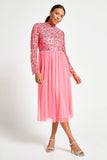 Lela strawberry embellished midi dress with sequin and bead bodice detailing, long sleeves and streamlined silhouette designed for elegant occasion wear styling