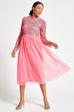 Lela strawberry embellished midi dress with sequin and bead bodice detailing, long sleeves and streamlined silhouette designed for elegant occasion wear styling