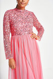 Lela strawberry embellished midi dress with sequin and bead bodice detailing, long sleeves and streamlined silhouette designed for elegant occasion wear styling