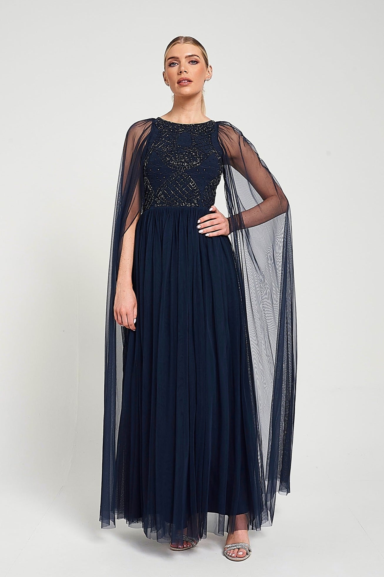 Leona Navy Embellished Cape Sleeve Maxi Dress