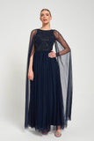 Leona Navy Embellished Cape Sleeve Maxi Dress