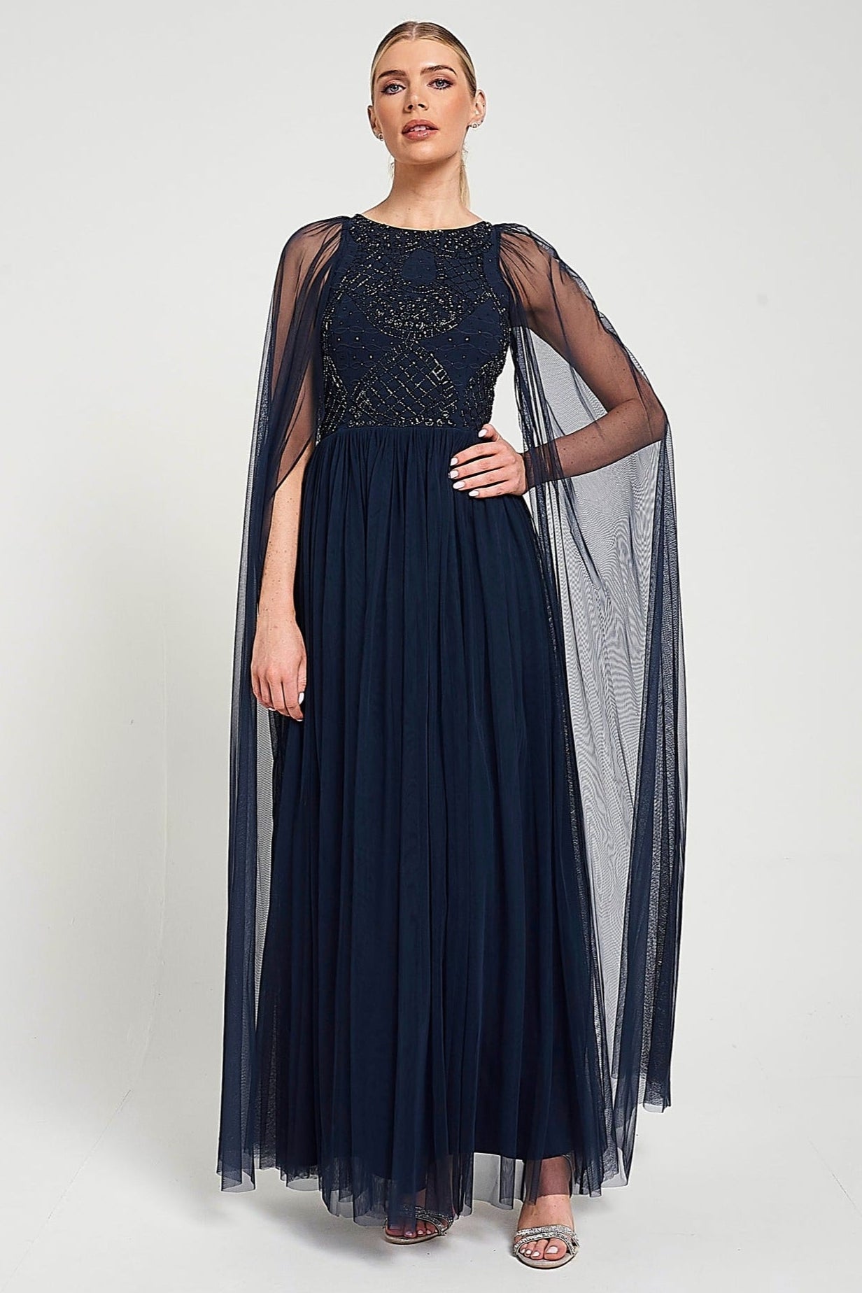 Leona long cape sleeve navy maxi dress with bead detailing