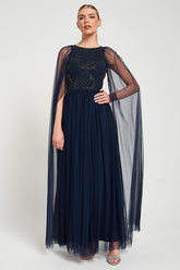 Leona long cape sleeve navy maxi dress with bead detailing
