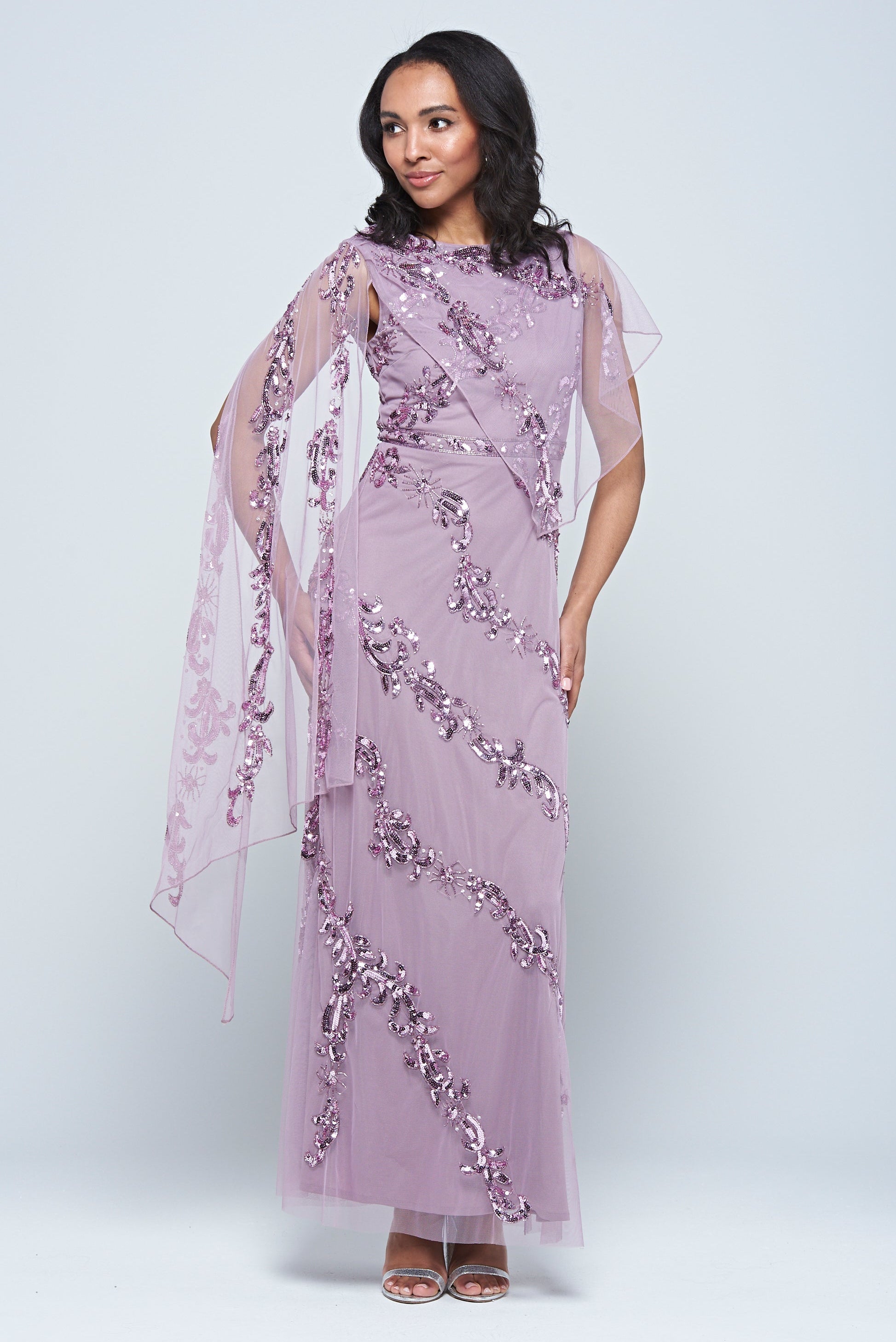 Lilla Lilac Embellished Asymmetric Cape Sleeve Maxi Dress by Frock and Frill, perfect for spring weddings and special occasions.