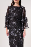 Lyra black floral print midaxi dress by Frock and Frill with metallic thread detailing, ruffled sleeves and nipped waist designed for versatile day to evening styling