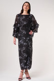 Lyra black floral print midaxi dress by Frock and Frill with metallic thread detailing, ruffled sleeves and nipped waist designed for versatile day to evening styling