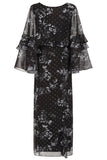 Lyra black floral print midaxi dress by Frock and Frill with metallic thread detailing, ruffled sleeves and nipped waist designed for versatile day to evening styling
