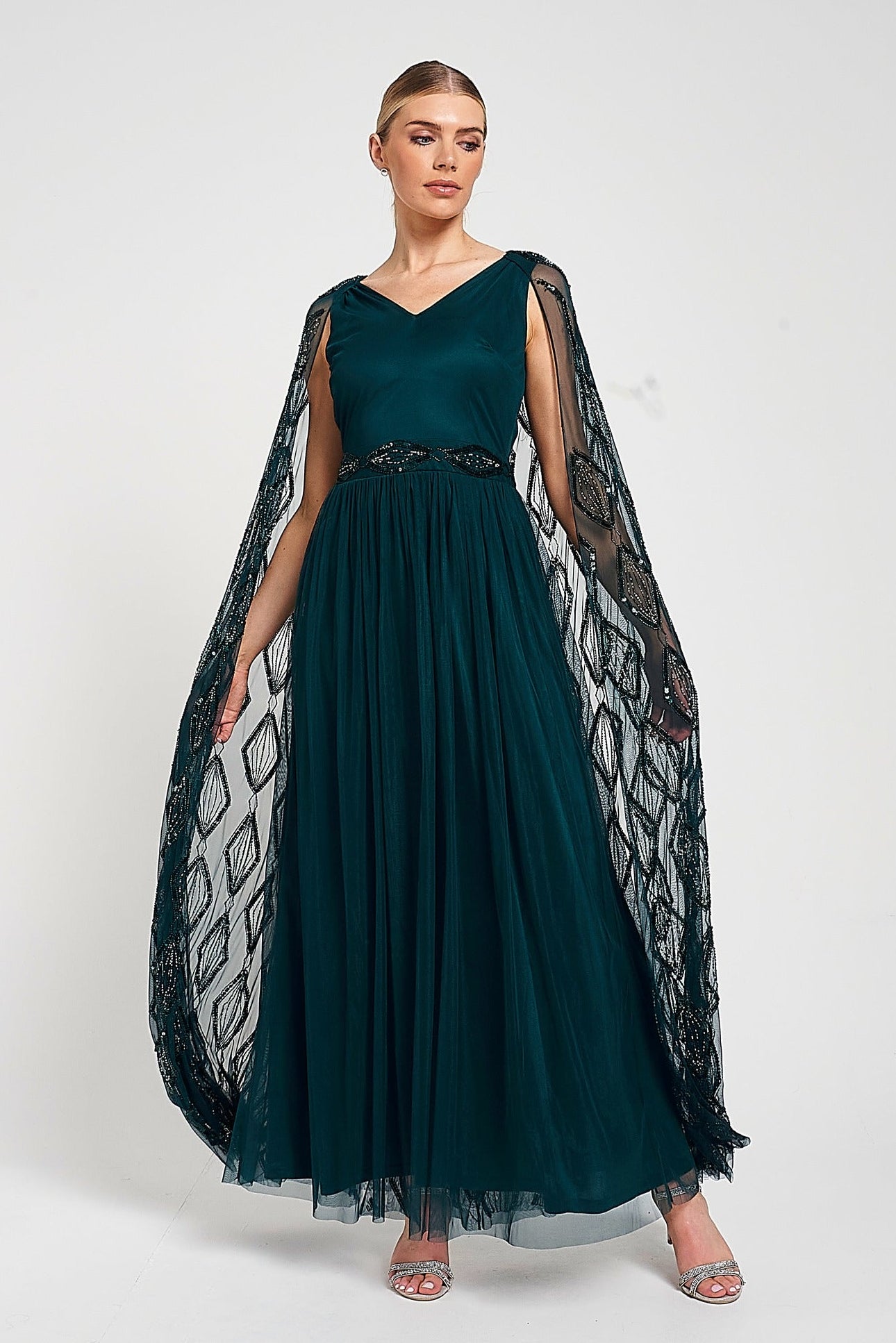 Mae Teal Green Embellished Cape Sleeve Maxi Dress