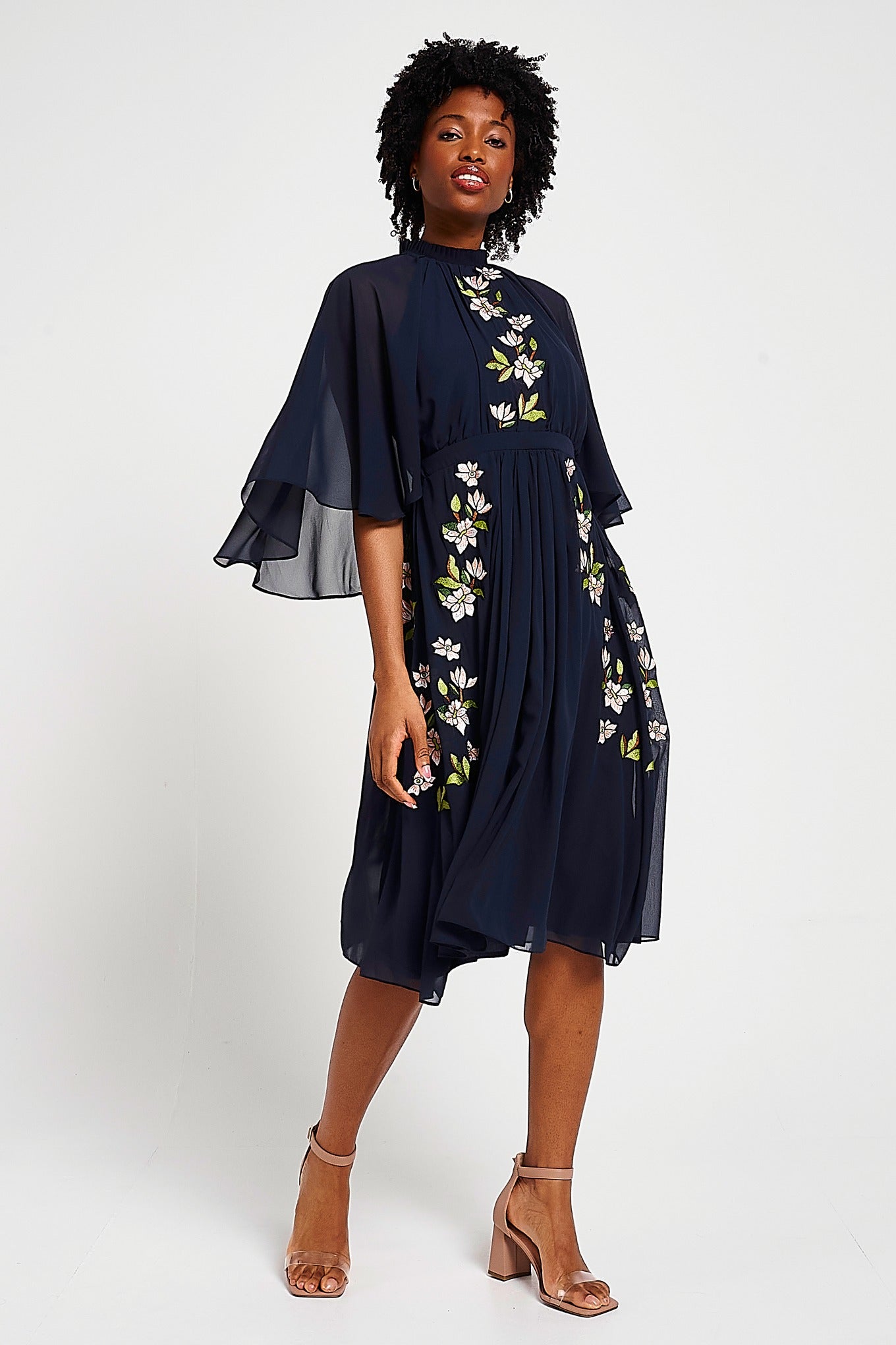 Maeve Navy Floral Embroidered Midi Dress