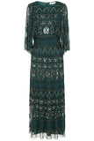 Mahonia by Frock and Frill green embellished midaxi dress with cape sleeves.