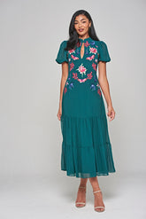 Marella Alpine Green Floral Embroidered Midi Dress