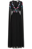 Mayra Black Floral Embroidered Cape Sleeve Maxi Dress