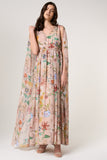 Melia floral print cape sleeve maxi dress by Frock and Frill with vibrant floral pattern and flowing silhouette designed for elegant occasion wear styling