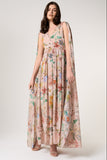 Melia floral print cape sleeve maxi dress by Frock and Frill with vibrant floral pattern and flowing silhouette designed for elegant occasion wear styling
