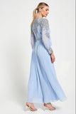 Meredith Blue Embellished Jumpsuit in ice blue with beaded bodice, long sheer sleeves and pleated wide-leg trousers for weddings and formal occasions.