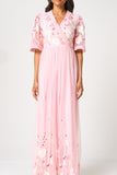 Merida Pink Floral Embroidered Maxi Dress