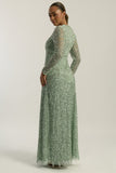 Miranda aqua green embellished maxi dress with long sleeves and all-over beadwork, full length modest evening gown