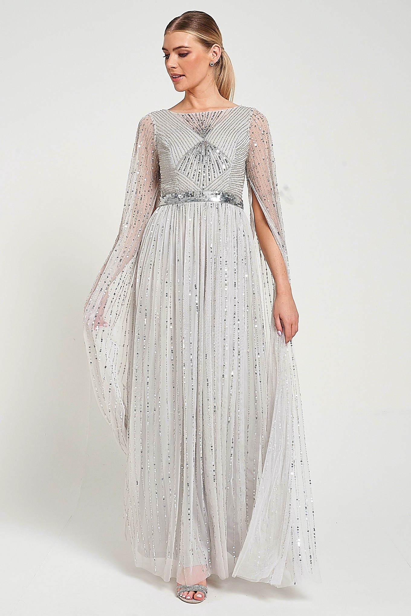 Morgan Grey Sequin Cape Sleeve Maxi Dress