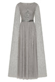 Morgan Grey Sequin Cape Sleeve Maxi Dress