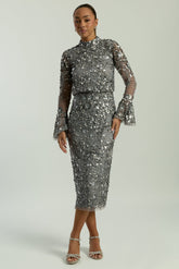 Myra grey embellished midi dress with long sheer sleeves and a fitted pencil silhouette