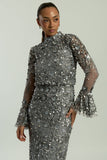 Myra grey embellished midi dress with long sheer sleeves and a fitted pencil silhouette