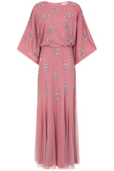 Naida rose pink embellished maxi dress with long sleeves and intricate beading by Frock and Frill, elegant modest occasionwear for weddings and formal events