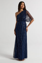 Natalia Navy Embellished One Shoulder Maxi Dress, floor-length sequined evening gown for bridesmaids, prom, and formal occasions