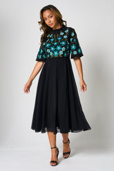 Nera Black Floral Embroidered Midi Dress