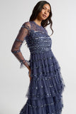 Nerissa dusty navy blue sequin tiered maxi dress with full-length sleeves, perfect for weddings, black tie balls and formal occasions.