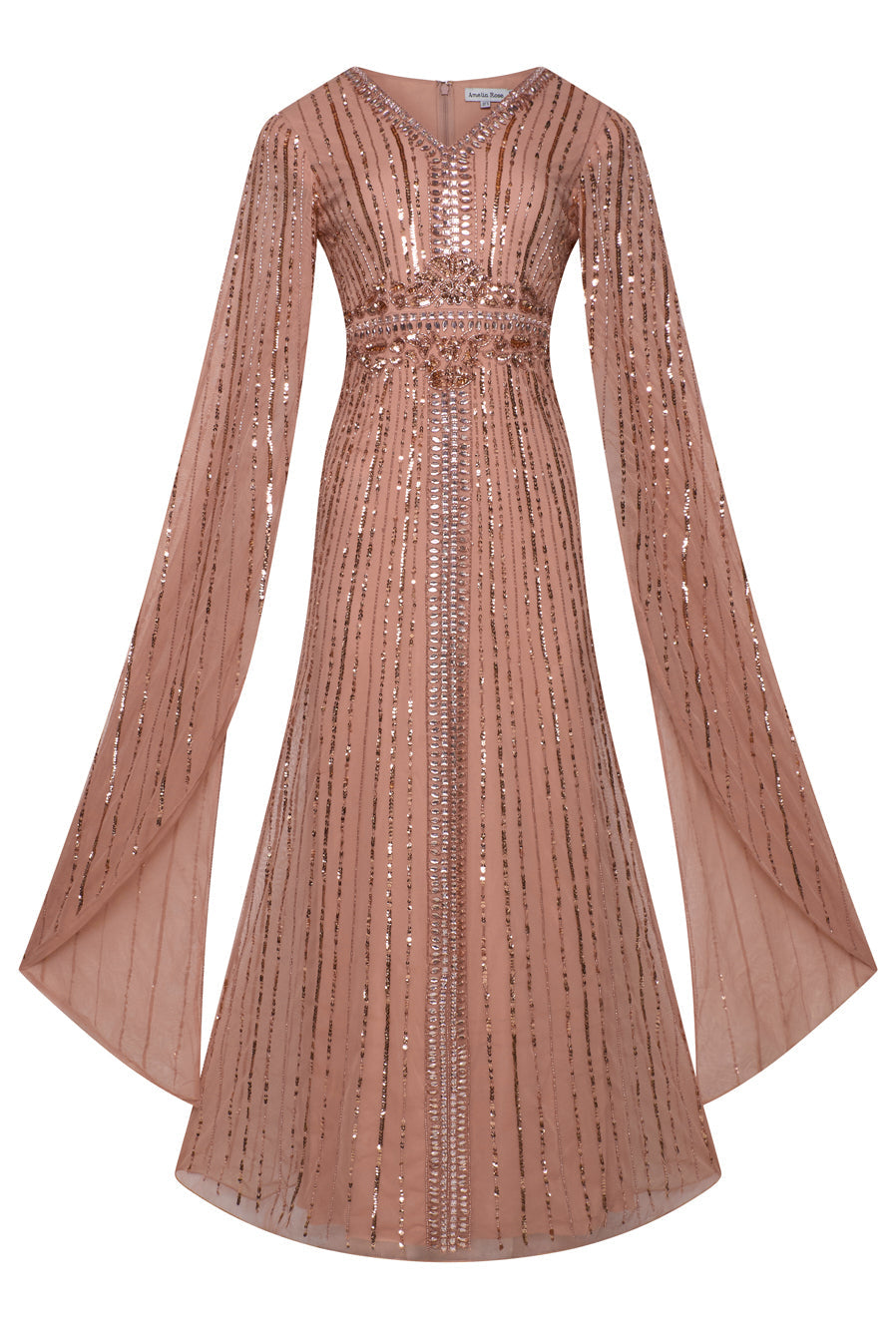 Oriana peach-blush embellished cape sleeve maxi dress with flowing cape sleeves and modest silhouette, ideal for weddings, formal occasions and evening events.
