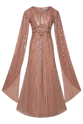 Oriana peach-blush embellished cape sleeve maxi dress with flowing cape sleeves and modest silhouette, ideal for weddings, formal occasions and evening events.