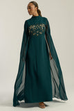 Frock and Frill Paloma Embellished Maxi Dress with cape detail, long sleeves, and flowing silhouette in rainforest green, perfect for weddings and evening events.