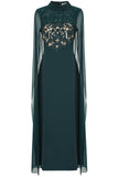 Frock and Frill Paloma Embellished Maxi Dress with cape detail, long sleeves, and flowing silhouette in rainforest green, perfect for weddings and evening events.